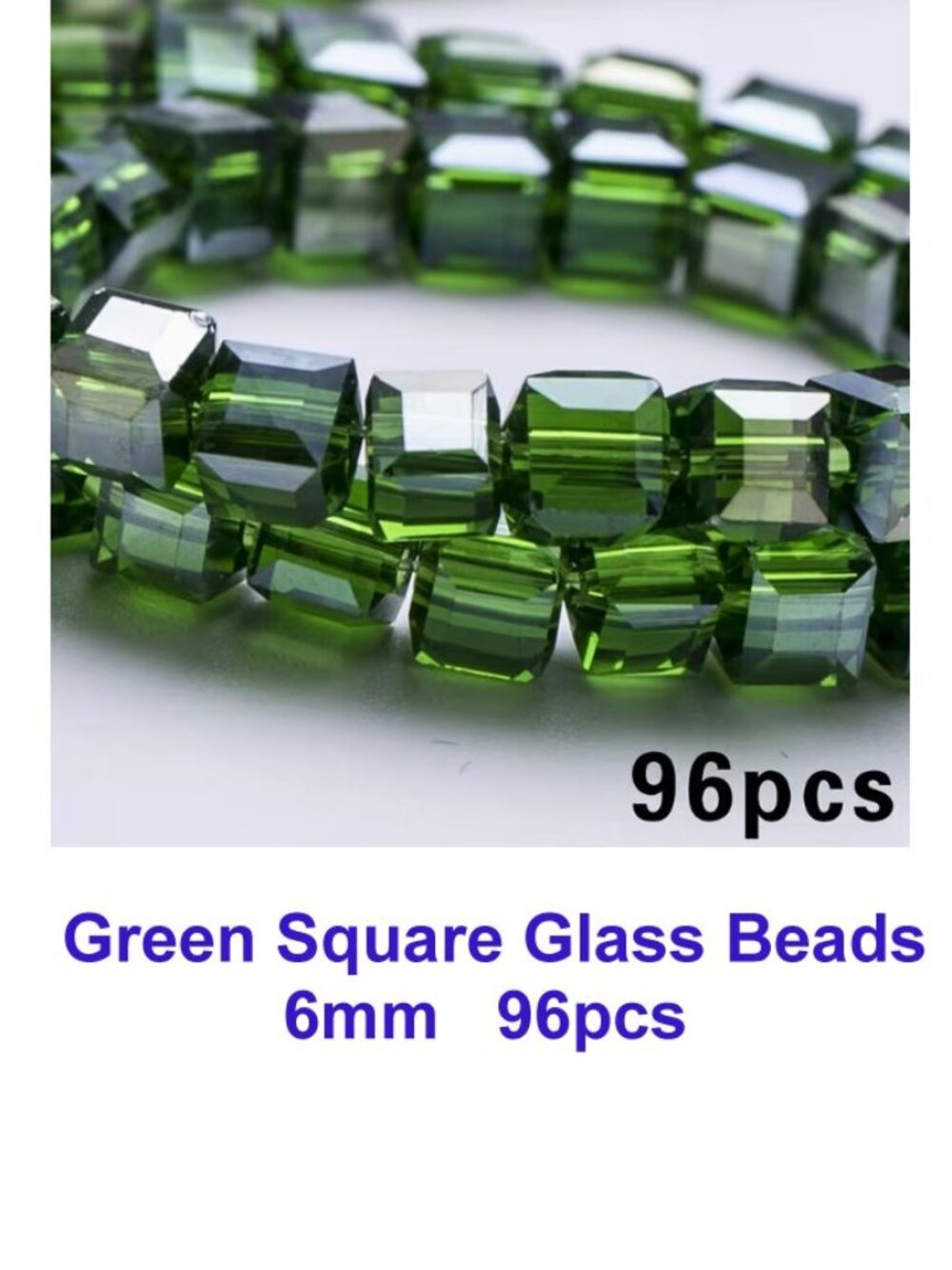 Green Square Glass Beads 96pcs 6mm
